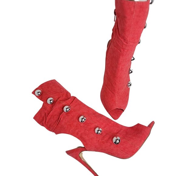 Liliana Fierce Red Peep-Toe Stiletto Booties Silver Button Detail Statement Heel - Picture 5 of 10